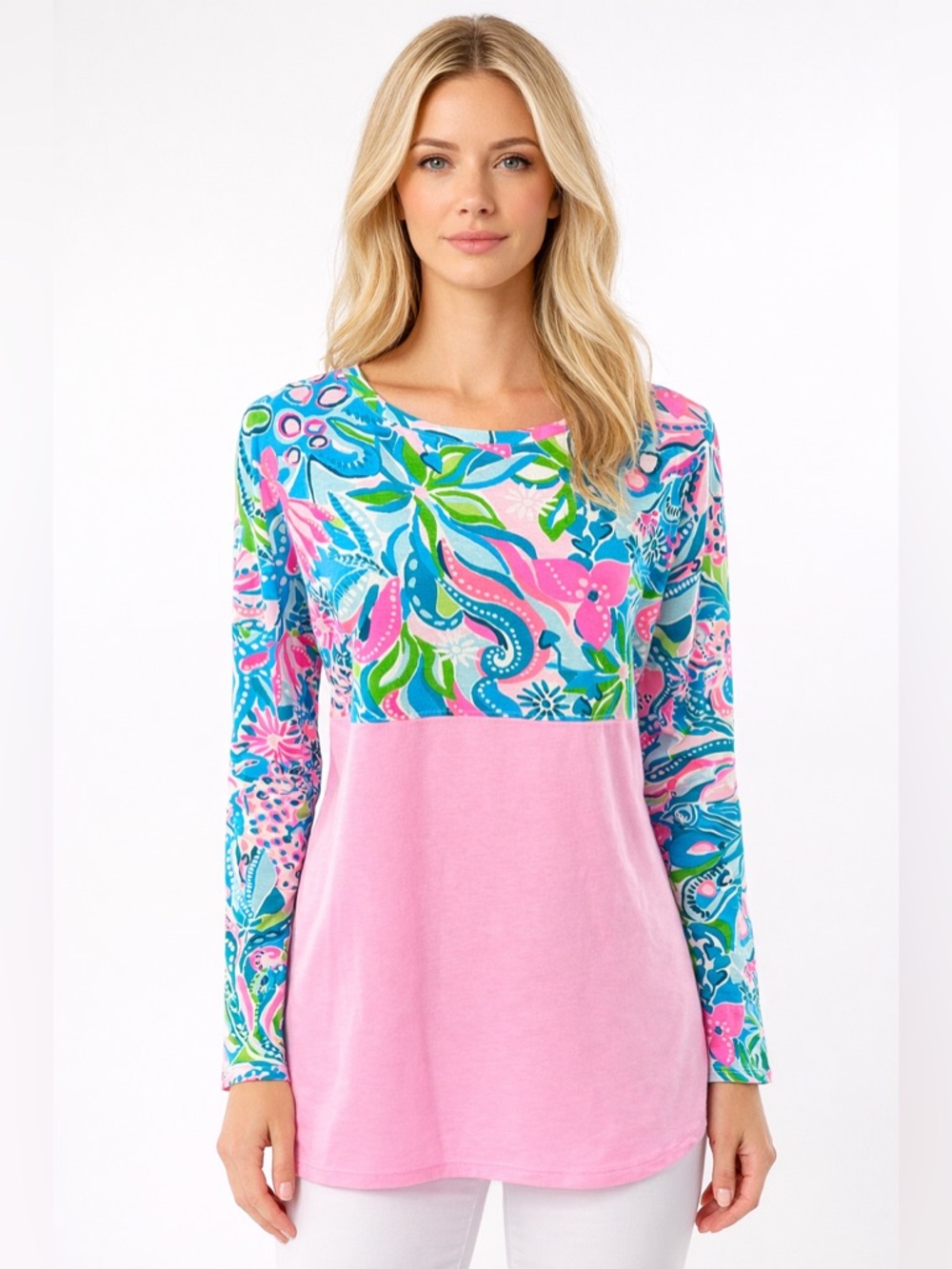 Lilly Pulitzer Finn Top Turquoise Oasis Golden Hour Long Sleeve Tee Size Medium